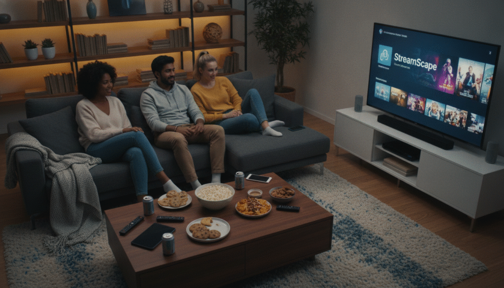 A cozy living room setting with a modern flat-screen TV displaying a vibrant streaming interface. In the foreground, a diverse group of three individuals, dressed in smart casual attire, are intently watching the screen, showcasing a moment of engagement and excitement. In the middle ground, a stylish coffee table cluttered with snacks, remote controls, and digital devices, reflecting a casual, relaxed atmosphere. The background features soft ambient lighting, creating a warm and inviting vibe, with shelves filled with books and decor. The scene is shot from a slightly elevated angle, emphasizing the interaction among the viewers and their connection to the technology. The overall mood conveys a sense of enjoyment and the communal experience of watching TV online.