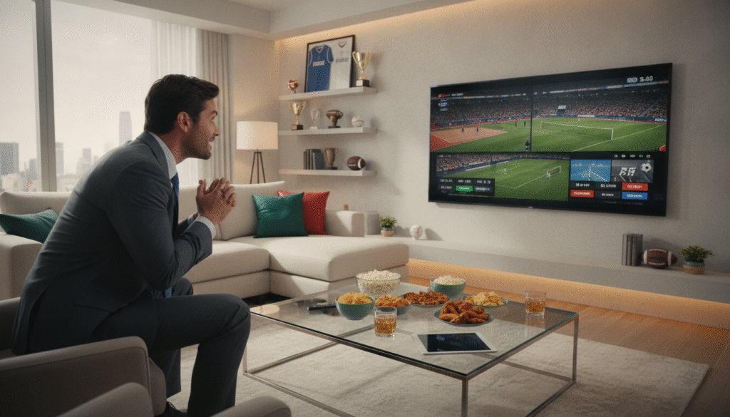 A dynamic living room scene depicting a modern home entertainment setup, showcasing a large flat-screen TV streaming various sports channels. In the foreground, a well-dressed individual in professional attire eagerly watches an exciting live sports event, with a look of anticipation on their face. The middle layer features a stylish coffee table adorned with snacks and beverages, emphasizing a comfortable viewing atmosphere. In the background, a cozy couch surrounded by sports memorabilia and soft ambient lighting creates a warm, inviting mood. The room is well-lit, with a mix of natural light streaming through a window and soft overhead lights, ensuring a bright, cheerful ambiance suitable for an engaging sports viewing experience. The overall composition should reflect excitement and enjoyment of sports channels.