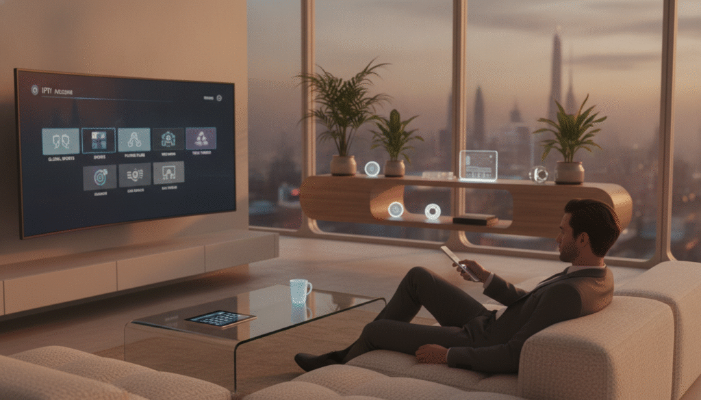 A futuristic living room environment with a large smart TV displaying a sleek, modern interface showcasing various IPTV channels. In the foreground, a person in professional business attire is seated comfortably on a stylish couch, holding a remote control while intently watching the screen. The middle ground features elegant decor, including a decorative shelf with tech gadgets and plants that add a touch of vibrancy. In the background, large windows let in natural light, casting a warm glow throughout the room. The atmosphere is inviting and cozy, emphasizing the integration of technology and entertainment in daily life. Use soft, warm lighting to enhance the mood, with a slight depth of field to blur the background gently.
