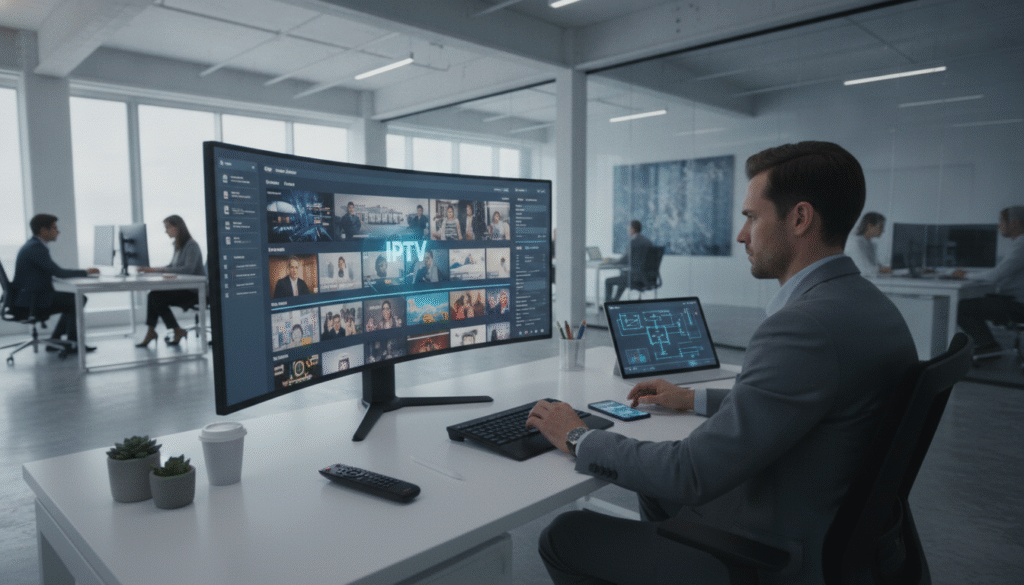 A modern IPTV provider's office space, showcasing a sleek and professional atmosphere. In the foreground, a well-dressed businessperson, focused and analyzing data on a large screen displaying IPTV channels, symbolizes expertise and reliability. The middle ground features a stylish desk cluttered with high-tech gadgets like a remote control and a digital tablet. The background reveals a contemporary office environment with large windows allowing natural light to fill the space, creating a bright atmosphere. The overall mood is serious and vigilant, reflecting the caution necessary when choosing IPTV services. Lighting is soft yet sufficient, highlighting the key elements while keeping the focus on the professionalism of the IPTV sector. The angle is slightly above eye level, giving a sense of oversight and control.