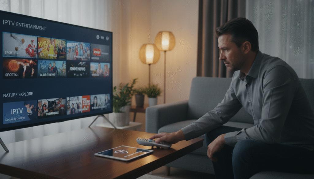 A modern living room scene showcasing a high-definition television displaying an IPTV interface, with vibrant channels of entertainment, surrounded by cozy furniture. In the foreground, a sleek remote control with illuminated buttons lies on a stylish coffee table, indicating user engagement. In the middle, a person in smart casual attire is seated with a focused expression, intently browsing the IPTV menu, suggesting security awareness. The background features warm ambient lighting from stylish lamps, creating a welcoming atmosphere. Include a window with soft natural light filtering in, enhancing the sense of a secure and comfortable environment. Capture this scene in a realistic style, with a slightly elevated angle to convey depth and focus on the IPTV technology. The mood is informative and professional, emphasizing best practices for IPTV users without distractions.