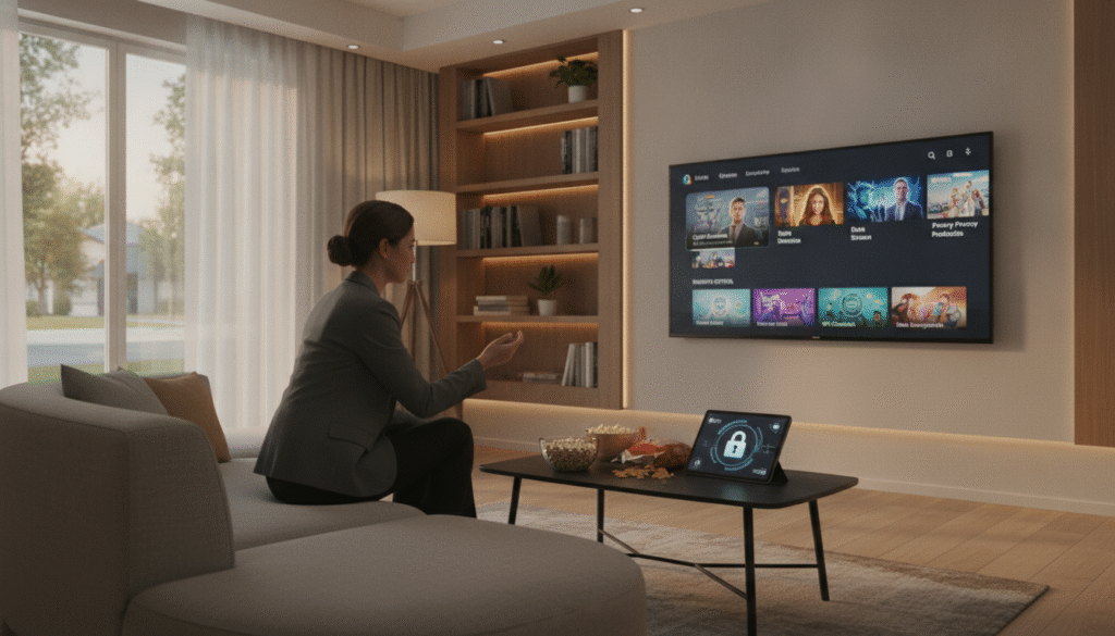 A modern living room setup featuring a sleek smart TV displaying a vibrant online streaming interface, showcasing various entertainment options. In the foreground, a person wearing professional attire is sitting comfortably on a stylish couch, attentively watching the screen. Soft, ambient lighting creates a cozy atmosphere, with warm hues reflecting from the TV. In the middle, a coffee table cluttered with snacks and a tablet displaying security settings symbolizes the importance of safeguarding personal data while streaming. The background features shelves with books and a soft-focus view of a serene window, hinting at a peaceful home environment. The overall mood is focused and informative, emphasizing the balance between entertainment and data protection.