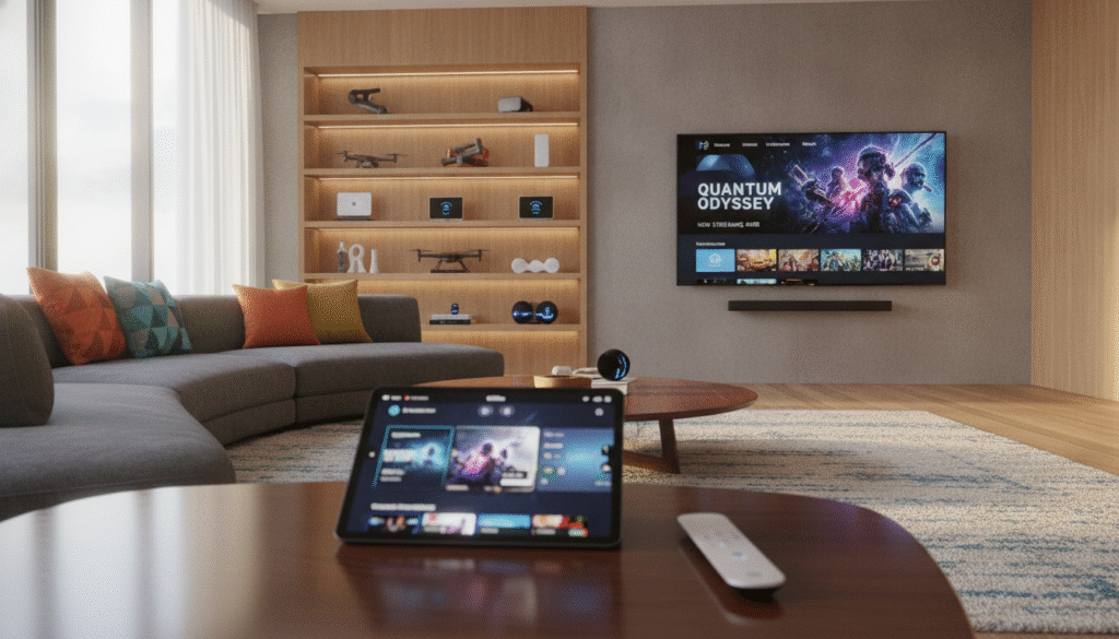 A modern living room setup with a sleek smart TV prominently displaying a high-definition streaming interface. In the foreground, a stylish coffee table holds a glossy tablet and a remote control, emphasizing user interactivity. The middle layer features a cozy couch adorned with colorful cushions, inviting relaxation while watching content. In the background, softly lit shelves showcase various tech gadgets and decorative items, conveying a tech-savvy environment. Natural light filters through large windows, creating a warm and inviting atmosphere. The overall mood is vibrant and engaging, reflecting the excitement of optimal streaming performance. The scene is framed with a slight perspective that highlights the clarity of the image, showcasing the latest in streaming technology.