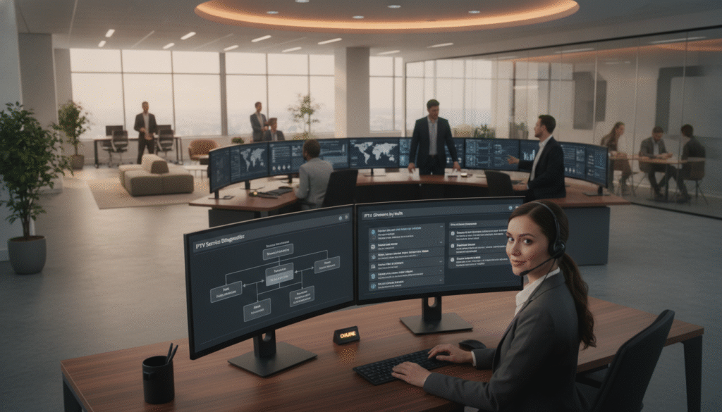 A modern office environment with a focus on technical support for IPTV services. In the foreground, a professional-looking customer service representative, dressed in business attire, sits at a sleek desk with dual monitors displaying technical support interfaces related to IPTV services. The middle ground features a high-tech control room with screens showcasing live data analytics and customer feedback metrics. The background displays a well-lit office with soft, warm lighting and contemporary decor, creating a friendly yet efficient atmosphere. The mood is professional and inviting, with an emphasis on seamless communication and support for IPTV users. The angle is slightly elevated, capturing the entire workspace and highlighting the supportive atmosphere without any text or distractions.