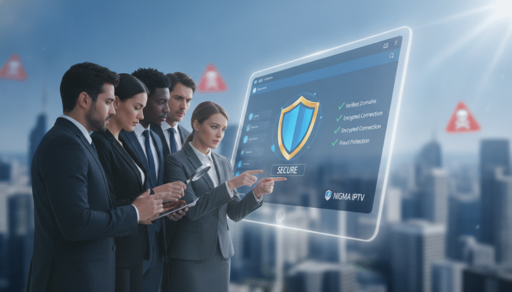 A professional, digital illustration showcasing the theme of "NIGMA IPTV security and scam prevention." In the foreground, a diverse group of individuals in professional business attire collaboratively reviews a digital device, highlighting vigilance and teamwork against scams. The middle layer features a sleek, modern interface of the NIGMA IPTV platform, emphasizing security features like a shield icon and a checklist of verified domains. In the background, a blurred cityscape symbolizes the vast online environment, with a subtle overlay of warning signs representing scam sites. The lighting is bright and clear, creating a sense of hope and security. The mood is focused and determined, instilling confidence in users navigating their IPTV options.
