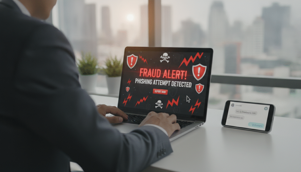 A professional, modern office setting where an individual in formal business attire is sitting at a desk with a laptop open, focused on reporting suspicious activity online. The foreground features a close-up of the laptop screen displaying a website with red flags or warning symbols, symbolizing phishing attempts. In the middle, a smartphone beside the laptop shows a suspicious message. The background reveals a window with a city skyline, with daylight streaming in, creating a bright and alert atmosphere. The overall mood is serious yet proactive, conveying the importance of vigilance against online threats. The lighting is soft yet clear, with a slight depth of field to emphasize the subject in action.