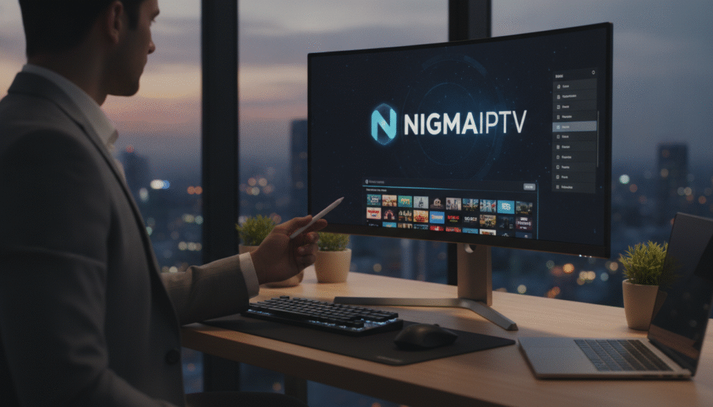 A sleek, modern digital workspace featuring a high-tech monitor displaying the "NIGMAIPTV" logo prominently. In the foreground, a professional-looking individual in business attire is engaged with the screen, showcasing various features of the IPTV service. The middle ground captures an elegant desktop setup with a minimalist design, featuring high-quality equipment like a keyboard and mouse. The background features a blurred cityscape view through a large window, suggesting connectivity and the modern digital age. Soft, ambient lighting creates a warm and inviting atmosphere, while the lens focuses on the details of the workspace to emphasize professionalism and authenticity. The image should convey trust, innovation, and the essence of the authentic NIGMAIPTV experience.