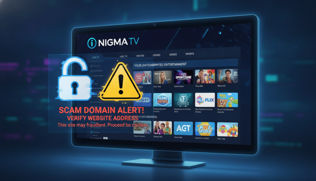 A sleek, modern website interface for NIGMA TV, designed to resemble a professional IPTV site. In the foreground, a digital screen displays the homepage features, showcasing vibrant thumbnails of various IPTV channels. In the middle ground, there are elements symbolizing security, like a padlock icon and warning signs against a simplistic layout, emphasizing scam domain alerts. The background features a blurred abstract gradient, invoking a digital atmosphere. Soft, cool lighting highlights the screen, creating a tech-savvy ambiance, while a slight depth of field effect isolates the website elements. The scene is designed to evoke a sense of caution and professionalism, perfect for illustrating the importance of identifying scam domains.