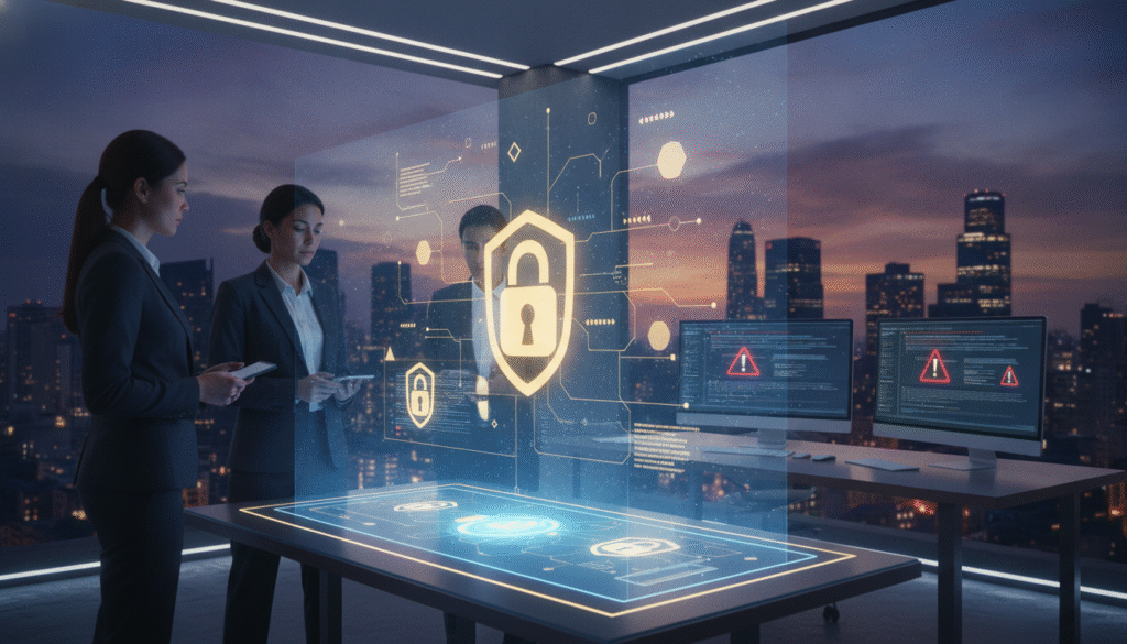 A visually striking digital scene focusing on the theme of protecting personal data and digital content. In the foreground, a professional, diverse group of individuals wearing business attire thoughtfully examines a holographic display of digital data, symbols of security like a padlock and shield glowing brightly. The middle layer features a sleek, modern workspace with computers displaying encrypted content and alert symbols. In the background, a city skyline at dusk casts a warm glow, symbolizing the digital world. The lighting is soft yet focused on the holographic display, creating an atmosphere of innovation and vigilance. The overall mood conveys empowerment and responsibility in safeguarding personal information.