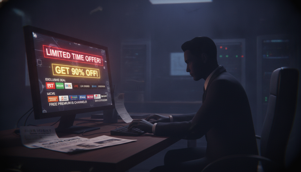 A visually striking illustration depicting common tactics used by IPTV scammers. In the foreground, a computer screen showing a fake IPTV subscription service interface with flashing 'Limited Time Offer' banners. Surrounding the screen, scattered documents revealing phishing emails and deceptive advertisements. In the middle ground, a silhouette of a person in a business suit, sitting at a desk, looking intently at the screen, embodying the role of a scammer. The background features a shadowy room filled with low lighting, emphasizing a clandestine atmosphere. The entire scene is shrouded in a slightly ominous mood, with a focus on the enticing yet fraudulent allure of online scams. Use a soft focus lens effect to enhance depth, capturing the tension and deceit inherent in IPTV scams.