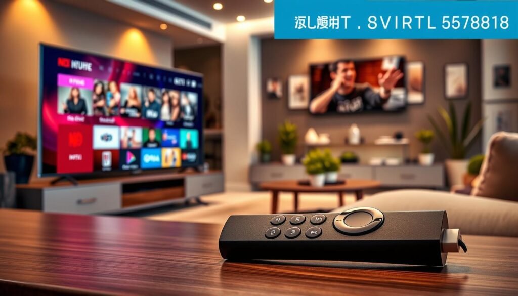A visually striking representation of "best IPTV" centered around the brand "NIGMA IPTV." In the foreground, a sleek Firestick remote control lies beside a modern television, displaying vibrant streaming options, with dynamic icons that convey a variety of programs. In the middle ground, a stylish living room setting features comfortable seating, with soft lighting illuminating the space to create an inviting atmosphere. The background showcases a wall-mounted TV screen, surrounded by subtle hints of luxury—potted plants and art that suggest a cozy yet upscale environment. The overall mood is one of affordability combined with high-quality entertainment, emphasizing value for money. Use a warm color palette and soft shadows to enhance the inviting feel.