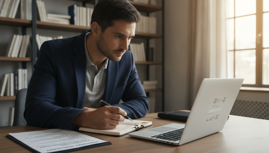 A well-organized workspace featuring a laptop displaying an IPTV service website, with a checklist for verifying IPTV providers, including criteria such as legitimacy, customer reviews, and contact information. In the foreground, a professional business person in a smart casual outfit intently examines the checklist and the laptop screen, showcasing a focus on detail and diligence. In the middle ground, a pen and notepad are placed, hinting at organized research. The background includes shelves filled with books about technology and media. Warm, natural light streams in from a nearby window, creating a productive and trustworthy atmosphere. The image captures the essence of careful analysis and caution in selecting an IPTV service.