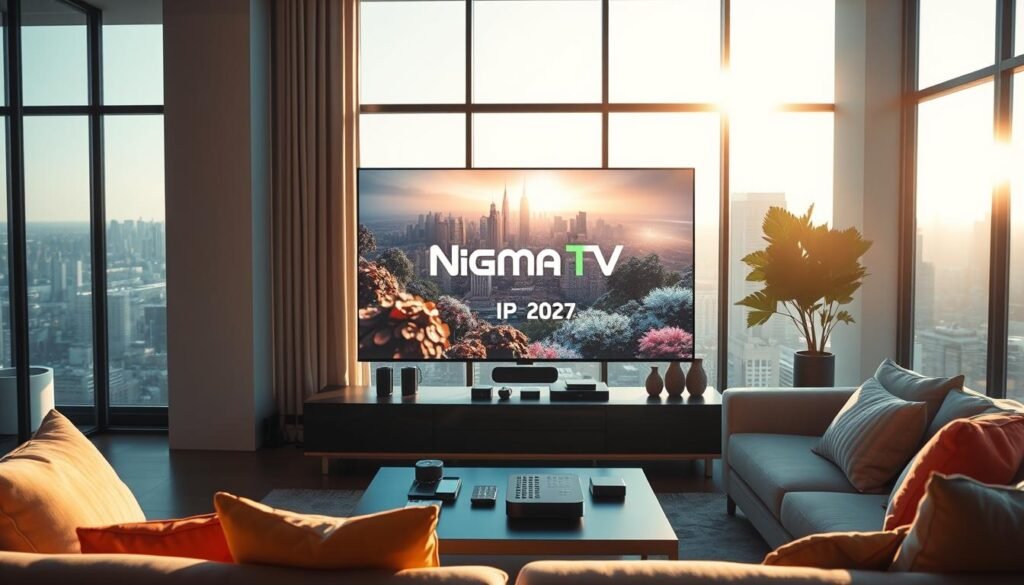 A futuristic living room setting showcasing IPTV technology in 2027. In the foreground, a sleek modern television displaying the Nigma TV logo with vibrant streaming content. A comfortable couch is positioned in front, adorned with colorful cushions. In the middle, a stylish coffee table displays a remote and smart devices, emphasizing a tech-savvy lifestyle. The background features large windows revealing a bright city skyline, with ambient sunlight streaming in, creating a warm and inviting atmosphere. Soft shadows relax the scene, enhancing the feeling of safety and comfort. Capture the image with a high-angle lens, focusing on the sophistication of IPTV entertainment while conveying a sense of reliability and long-term value in technology.