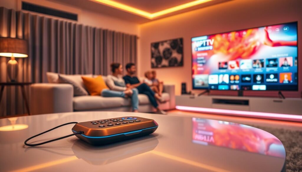 A futuristic living room setup in 2027 showcasing the NIGMA.TV IPTV service. In the foreground, a sleek, modern coffee table with a stylish remote control and a futuristic streaming device. The middle ground features a large, vibrant smart TV displaying a dynamic interface of the NIGMA.TV app, illustrating various compatible devices like tablets, smartphones, and smart TVs. In the background, a cozy couch with a family gathered, casually dressed, enjoying their viewing experience. The setting is illuminated by warm, ambient lighting creating a welcoming atmosphere. Capture from a slightly low angle to emphasize the TV. The overall mood is inviting and modern, embodying a future-proof entertainment solution for American viewers.