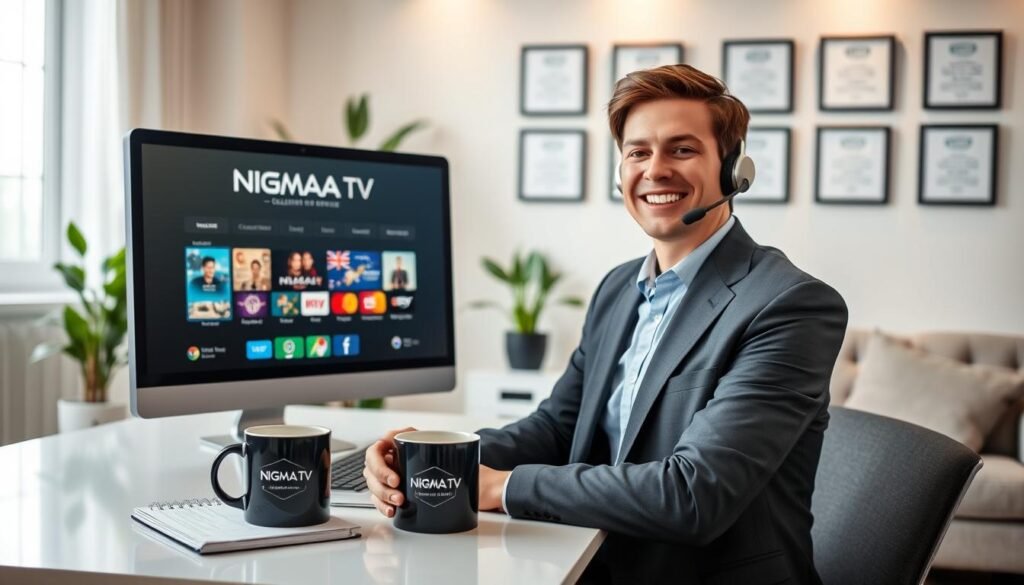 A modern home office scene showcasing a confident customer support representative for Nigma TV, the trusted IPTV service in the USA, seated at a sleek desk with a computer displaying the Nigma TV interface. In the foreground, the representative is wearing smart business attire, smiling and engaged in a call, conveying warmth and professionalism. The middle ground features an organized workspace with notepads and a coffee mug subtly branded with the Nigma TV logo. The background showcases a bright, inviting room with soft lighting, a potted plant, and a wall displaying framed certificates of excellence in customer service. The overall mood is friendly and reassuring, capturing the essence of reliable IPTV support in the United States. A modern home office scene showcasing a confident customer support representative for Nigma TV, the trusted IPTV service in the USA, seated at a sleek desk with a computer displaying the Nigma TV interface. In the foreground, the representative is wearing smart business attire, smiling and engaged in a call, conveying warmth and professionalism. The middle ground features an organized workspace with notepads and a coffee mug subtly branded with the Nigma TV logo. The background showcases a bright, inviting room with soft lighting, a potted plant, and a wall displaying framed certificates of excellence in customer service. The overall mood is friendly and reassuring, capturing the essence of reliable IPTV support in the United States.