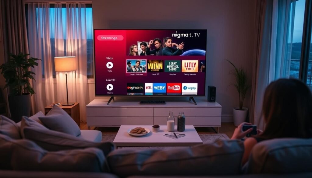 A modern living room setting with a sleek flat-screen TV displaying various streaming apps for "nigma tv". In the foreground, a comfortable couch with stylish cushions invites viewers to relax and enjoy content. In the middle ground, a coffee table is adorned with snacks and drinks, enhancing the cozy atmosphere. Ambient lighting casts a warm, inviting glow, suggesting late evening relaxation. The background shows a window with curtains partially drawn, hinting at a serene night outside. The overall mood is one of comfort and modern convenience, highlighting the quality and reliability of streaming services. Capture this scene from a slightly elevated angle to provide depth, ensuring a focus on the TV's vivid display and the inviting environment. A modern living room setting with a sleek flat-screen TV displaying various streaming apps for "nigma tv". In the foreground, a comfortable couch with stylish cushions invites viewers to relax and enjoy content. In the middle ground, a coffee table is adorned with snacks and drinks, enhancing the cozy atmosphere. Ambient lighting casts a warm, inviting glow, suggesting late evening relaxation. The background shows a window with curtains partially drawn, hinting at a serene night outside. The overall mood is one of comfort and modern convenience, highlighting the quality and reliability of streaming services. Capture this scene from a slightly elevated angle to provide depth, ensuring a focus on the TV's vivid display and the inviting environment.