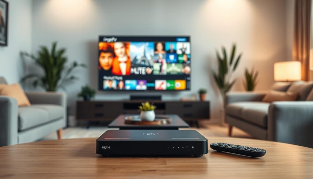 A modern living room setup showcasing an IPTV device, specifically highlighting "nigma tv" compatibility. In the foreground, place a sleek IPTV device on a stylish coffee table, with a remote next to it. The middle ground features a large flat-screen TV displaying vibrant streaming content. Low-profile furniture, such as a comfortable sofa and decorative plants, create a cozy atmosphere. In the background, soft lighting from a nearby window adds a warm ambiance, complemented by a subtle bokeh effect to enhance focus on the IPTV setup. The scene should evoke a sense of convenience and modernity, emphasizing the seamless streaming experience in a welcoming home environment. A modern living room setup showcasing an IPTV device, specifically highlighting "nigma tv" compatibility. In the foreground, place a sleek IPTV device on a stylish coffee table, with a remote next to it. The middle ground features a large flat-screen TV displaying vibrant streaming content. Low-profile furniture, such as a comfortable sofa and decorative plants, create a cozy atmosphere. In the background, soft lighting from a nearby window adds a warm ambiance, complemented by a subtle bokeh effect to enhance focus on the IPTV setup. The scene should evoke a sense of convenience and modernity, emphasizing the seamless streaming experience in a welcoming home environment.
