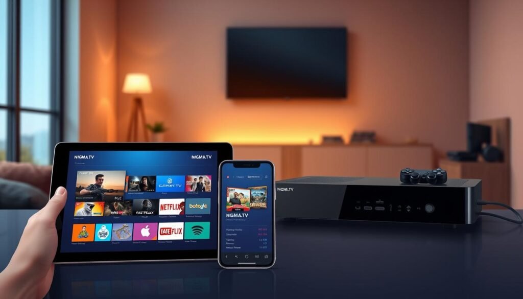 A professional digital illustration showcasing "NIGMA.TV Subscription Options and Device Compatibility." In the foreground, a sleek tablet and smartphone display the NIGMA.TV interface, featuring vibrant television options and user-friendly menus. The middle ground includes a stylish media player with connections to various devices like a smart TV and gaming console. The background features a cozy living room setting with a modern TV mounted on the wall, softly illuminated by warm lighting to create an inviting atmosphere. A subtle gradient in the lighting enhances the mood of relaxation and entertainment, with soft shadows to add depth. The overall composition highlights the accessibility and versatility of NIGMA.TV across different devices.
