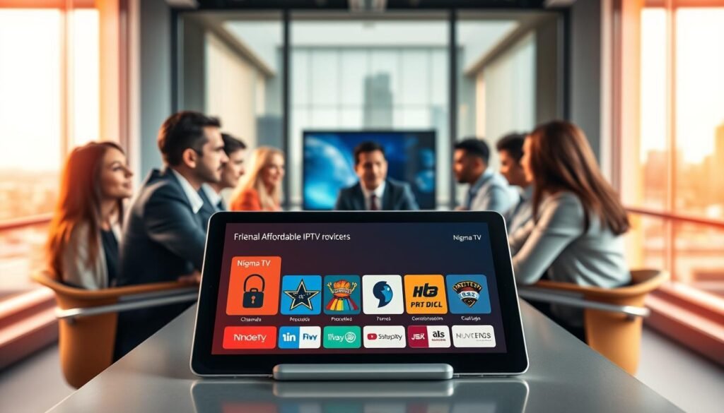 A visually appealing and professional image depicting various affordable IPTV providers showcased in a business environment. In the foreground, feature a sleek tablet displaying a user-friendly interface of Nigma TV with icons of popular channels and affordable subscription options. The middle ground includes a diverse group of professionals dressed in business attire, sitting around a modern conference table, actively discussing IPTV trends and value. The background features a bright, modern office space with large windows letting in natural light, showcasing a city skyline. Use warm, inviting lighting to create an atmosphere of innovation and collaboration, captured from a slightly elevated angle to provide depth. Emphasize a focus on technology and affordability in the IPTV market of 2027.